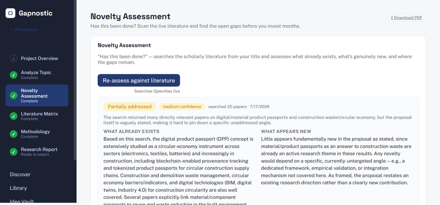 Gapnostic's Novelty Assessment: a verdict on whether a research idea is new, showing what already exists and what appears new.